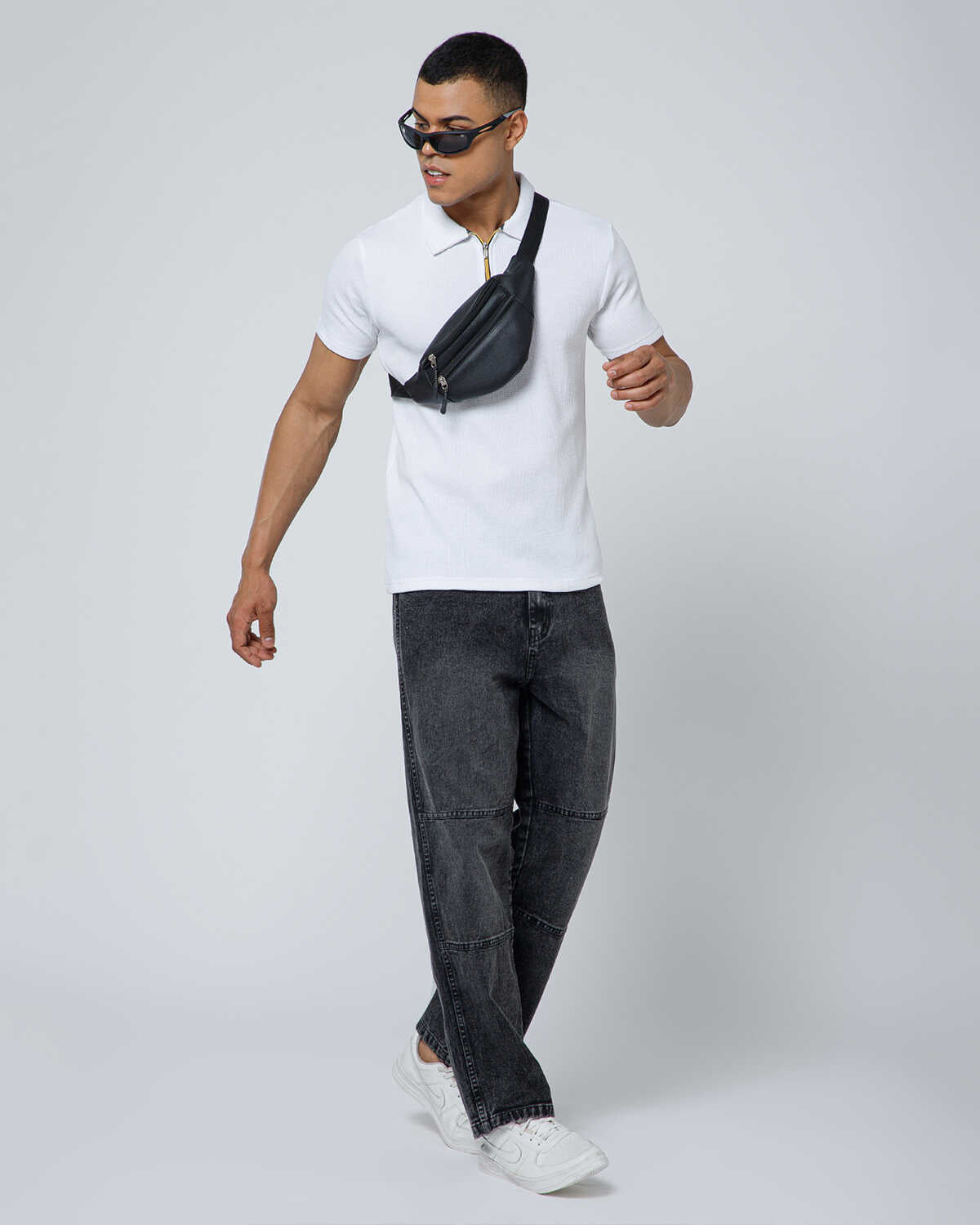 Mens Half Sleeve Zipper Waffle White T-shirt