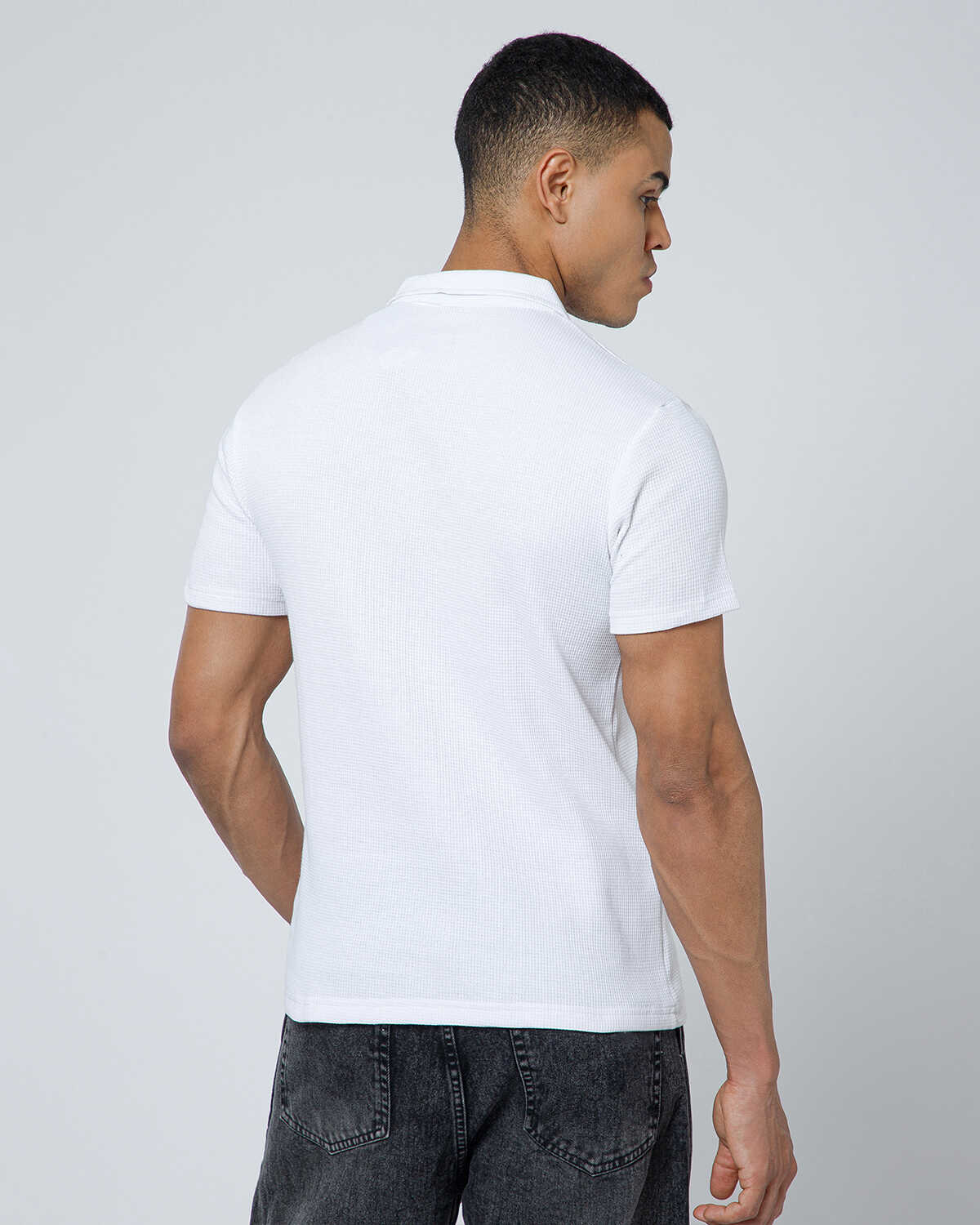 Mens Half Sleeve Zipper Waffle White Polo T-shirt