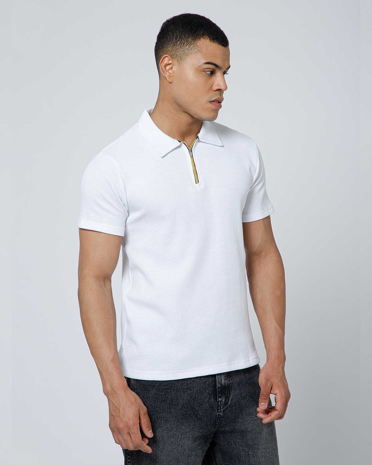 Mens Half Sleeve Zipper Waffle White T-shirt
