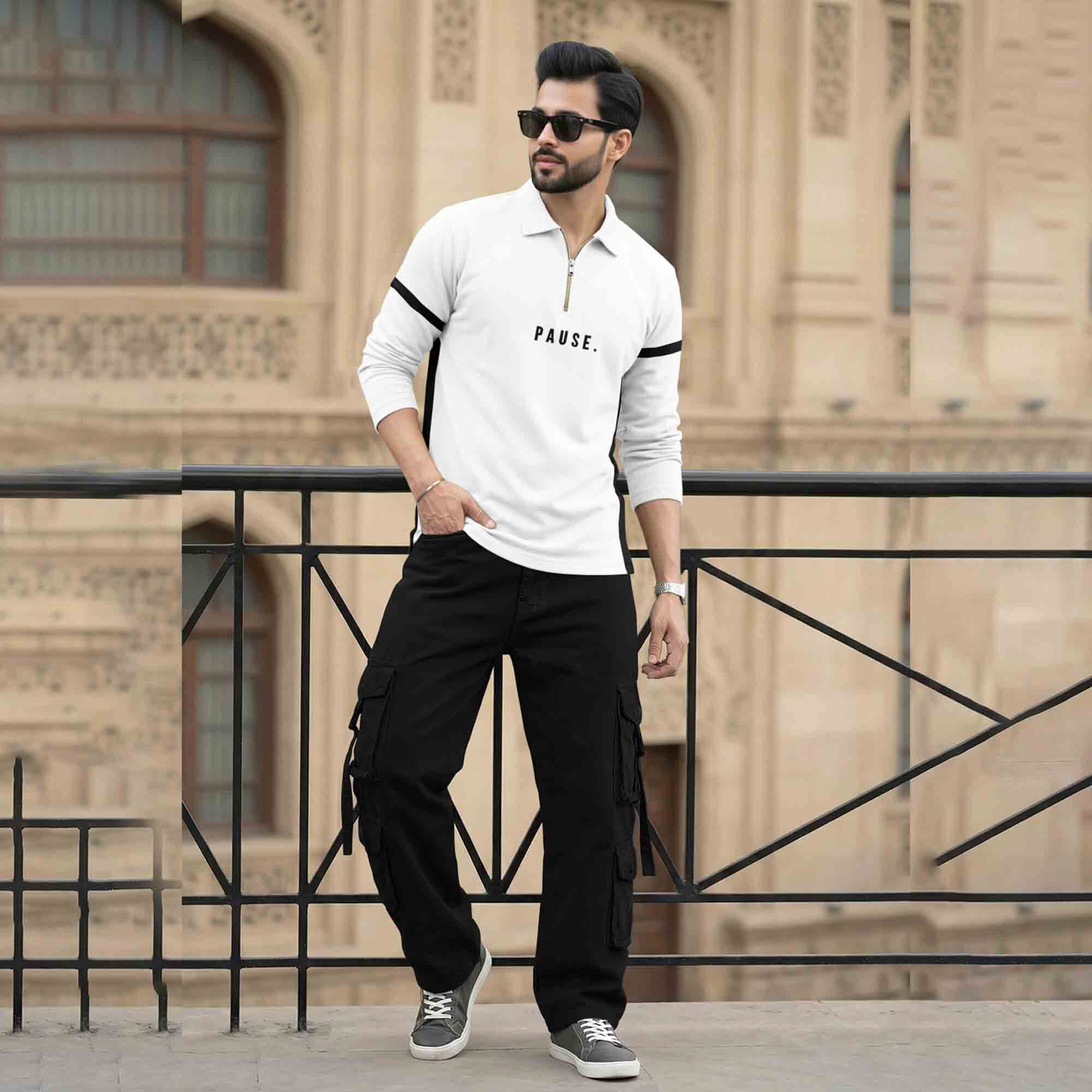 Men Quarter Zip Polo Neck Dual Color T-SHIRT White & Black