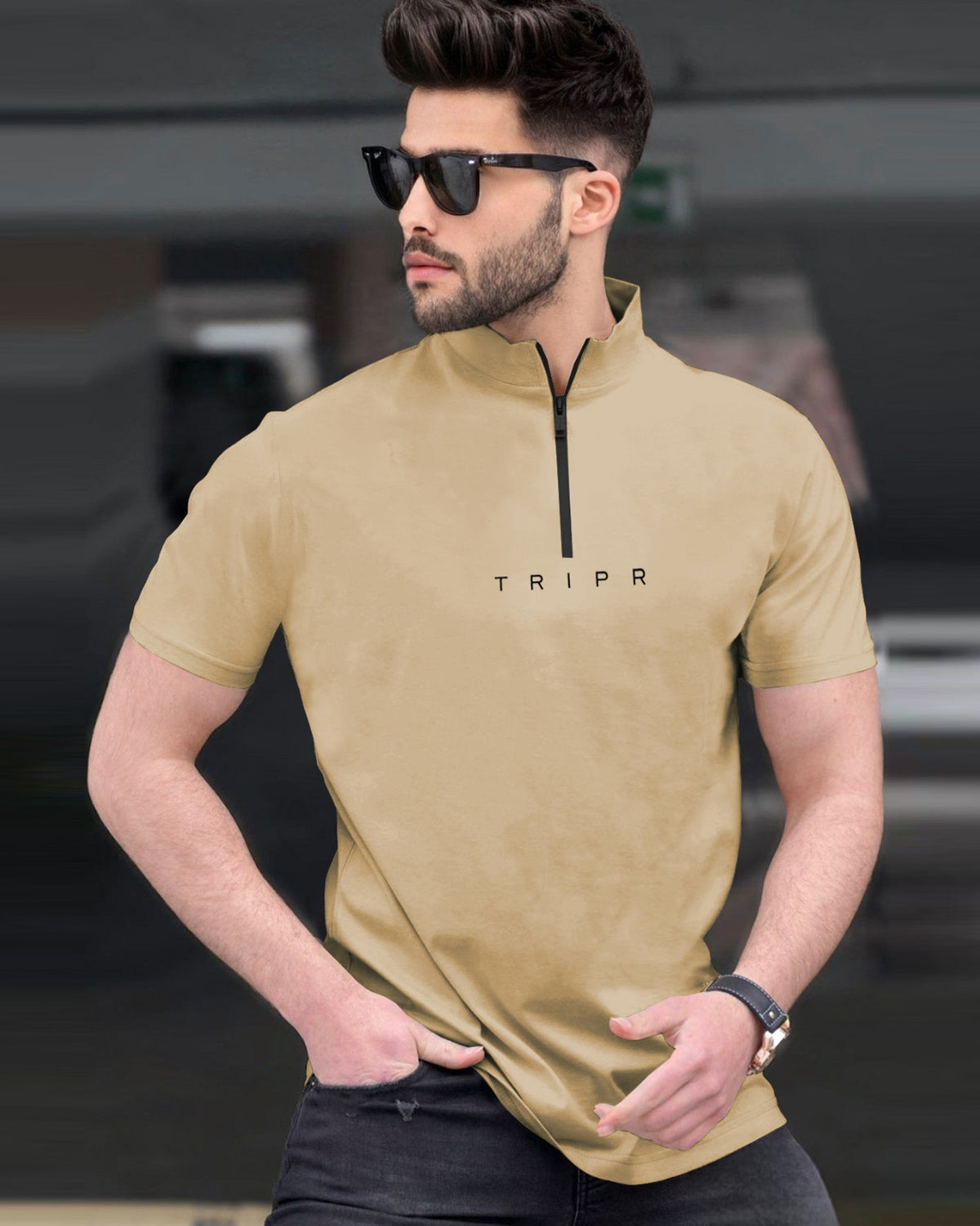 Men High Neck Beige Half Sleeve Zip up T-shirt