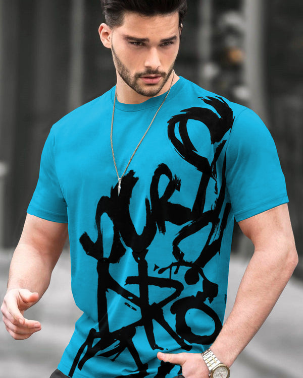 Men Skyblue Printed Half Sleeve Round Neck T-shirt