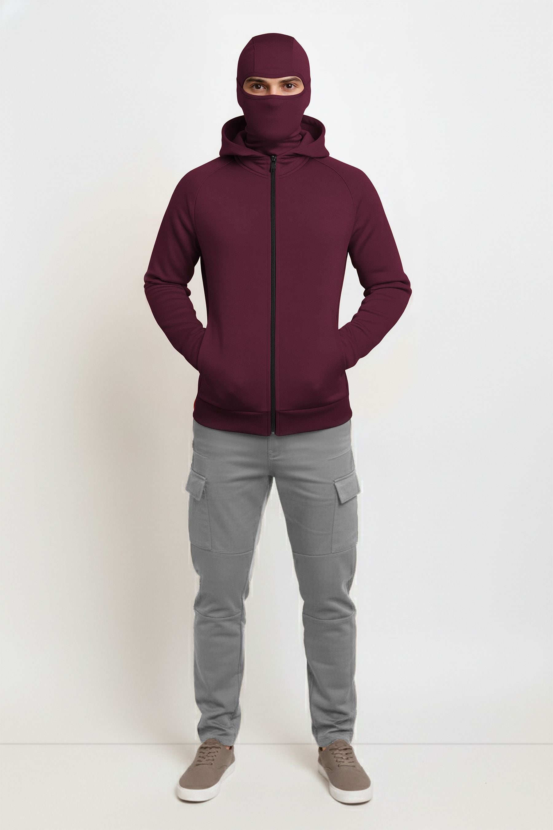 Mens Winter Full Mask Warm Zip-Up Hooded Jacket Maroon