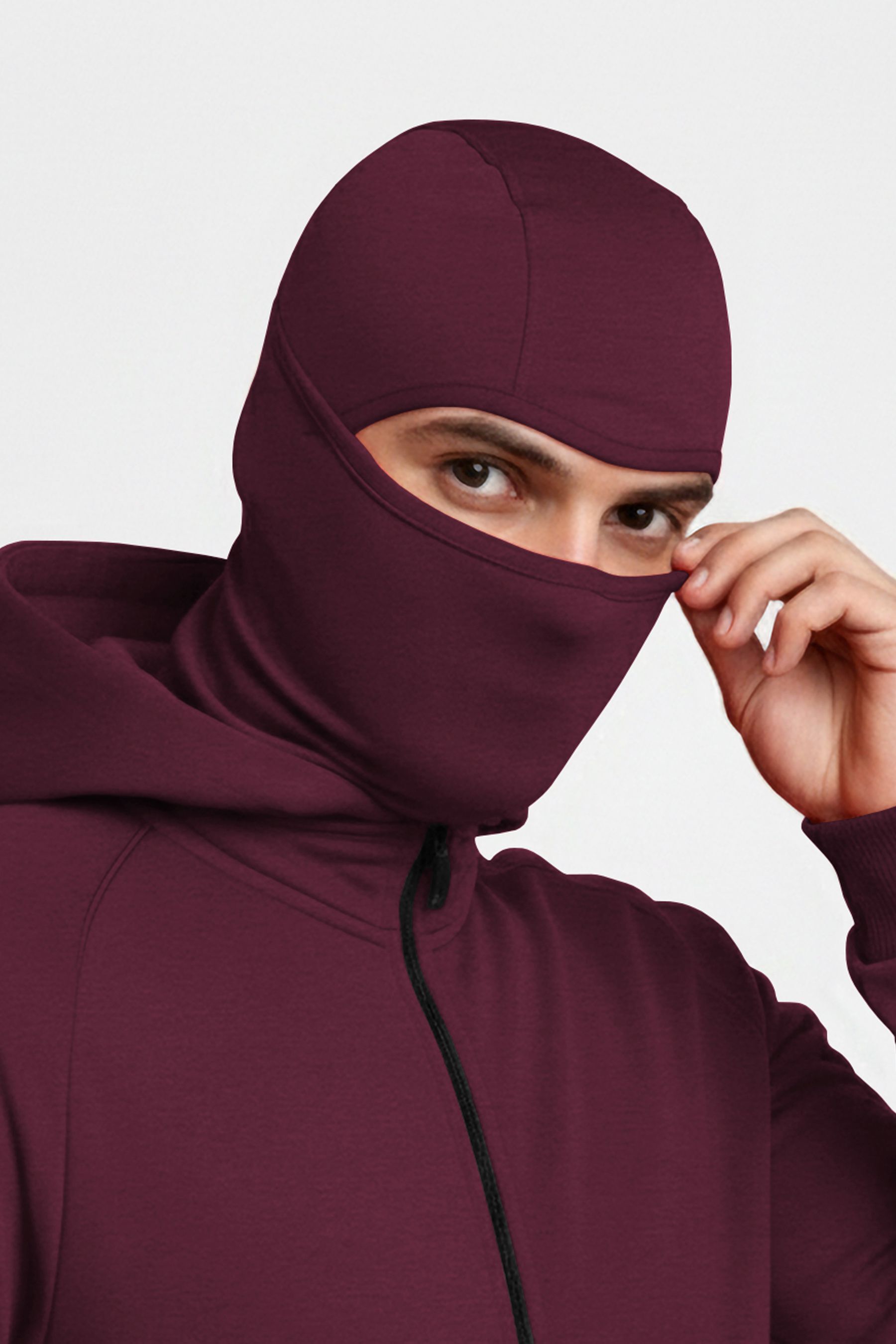 Mens Winter Full Mask Warm Zip-Up Hooded Jacket Maroon