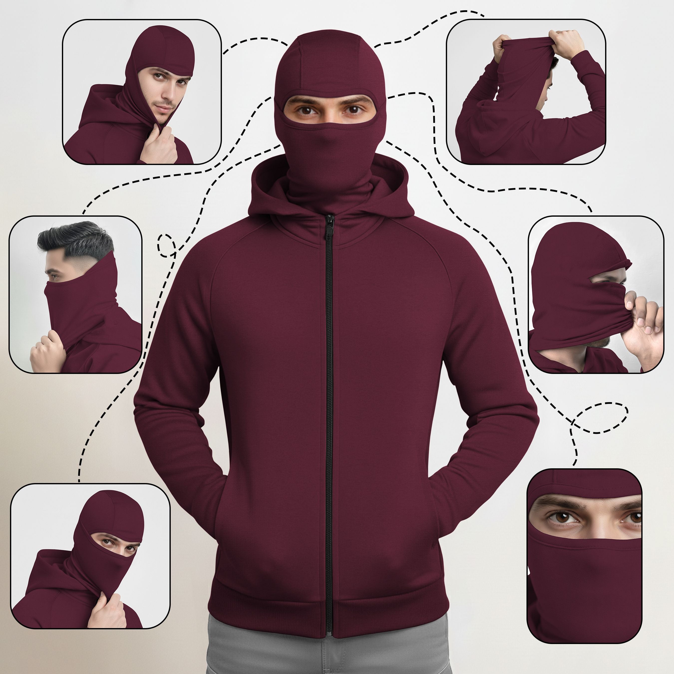 Maroon hoodie with face covering worn by a person, displayed with multiple angles on a light gray background.