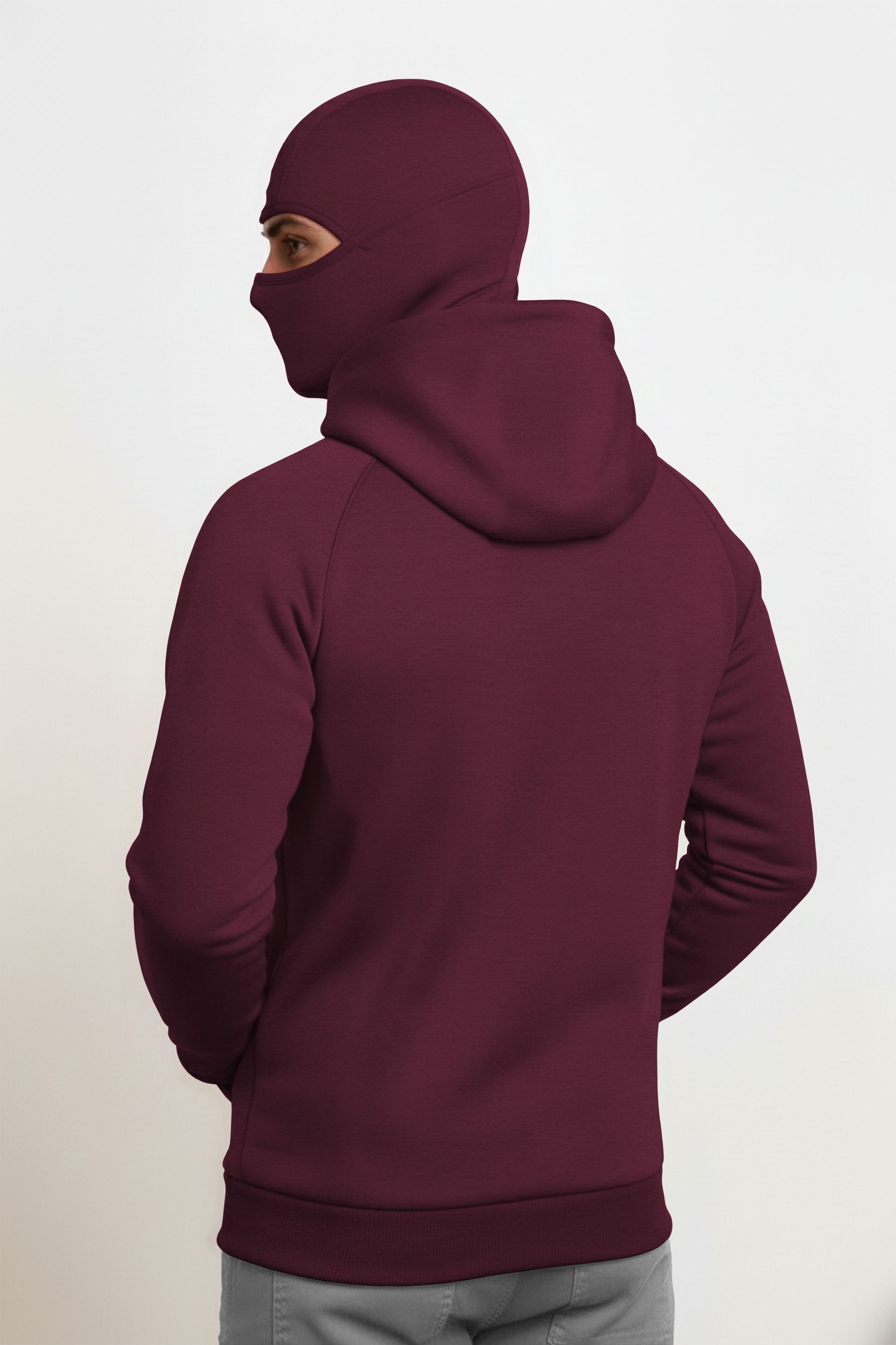 Mens Winter Full Mask Warm Zip-Up Hooded Jacket Maroon