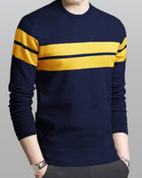 Men Full Sleeve Blue Yellow Horizondal Striped T-shirt