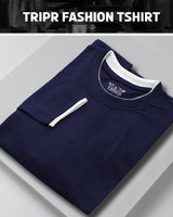 Men Solid Navy Blue White Piping Full Hand T-shirt