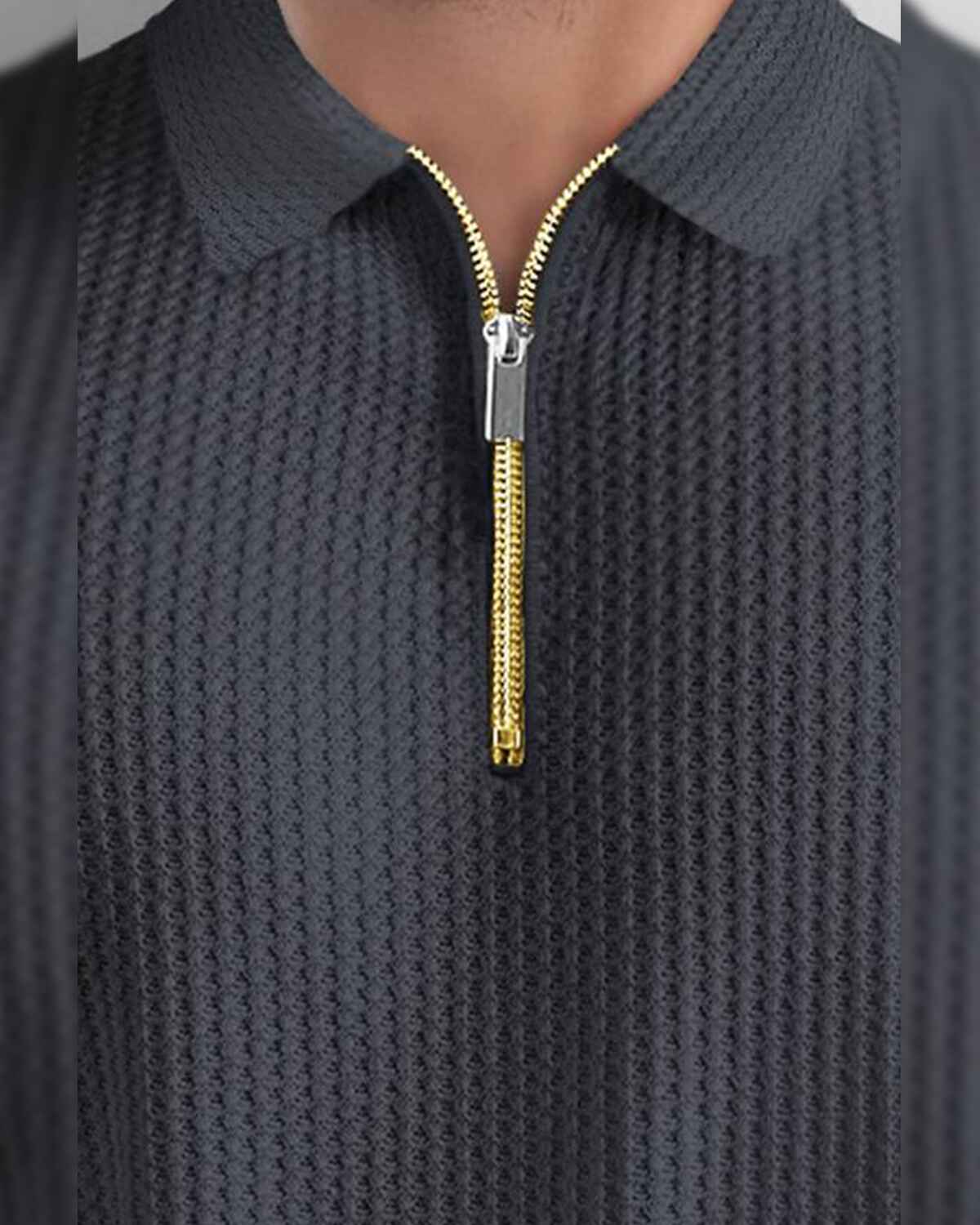 Men’s Waffle Textured Darkgrey Polo T-Shirt with Quarter Zip Neck – Full Sleeve