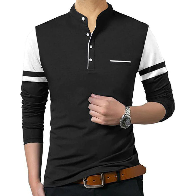 black and white long sleeve men's mandarin collar tshirt 