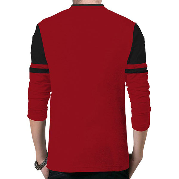 red and black full hand men's mandarin collar tshirt back view
