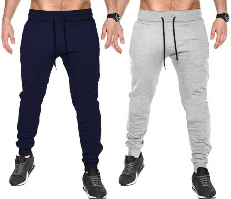 Solid Men Dark Blue, Grey Track Pants (Pack Of 2)