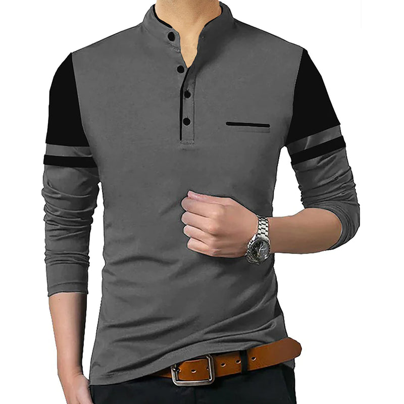 grey and black long sleeve men's mandarin collar tshirt front view