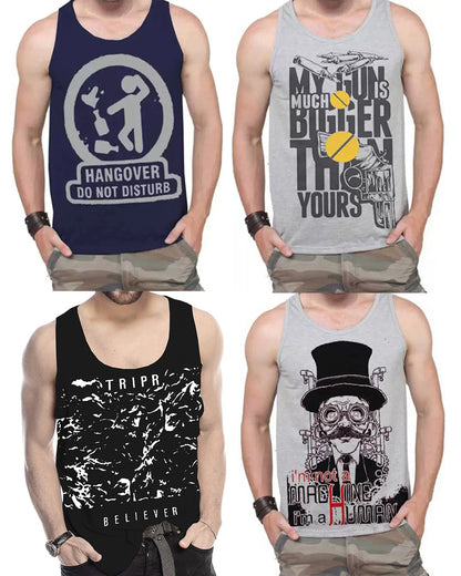 (Pack Of 4) Mens Printed Vest / Navy & Grey & Black & Grey