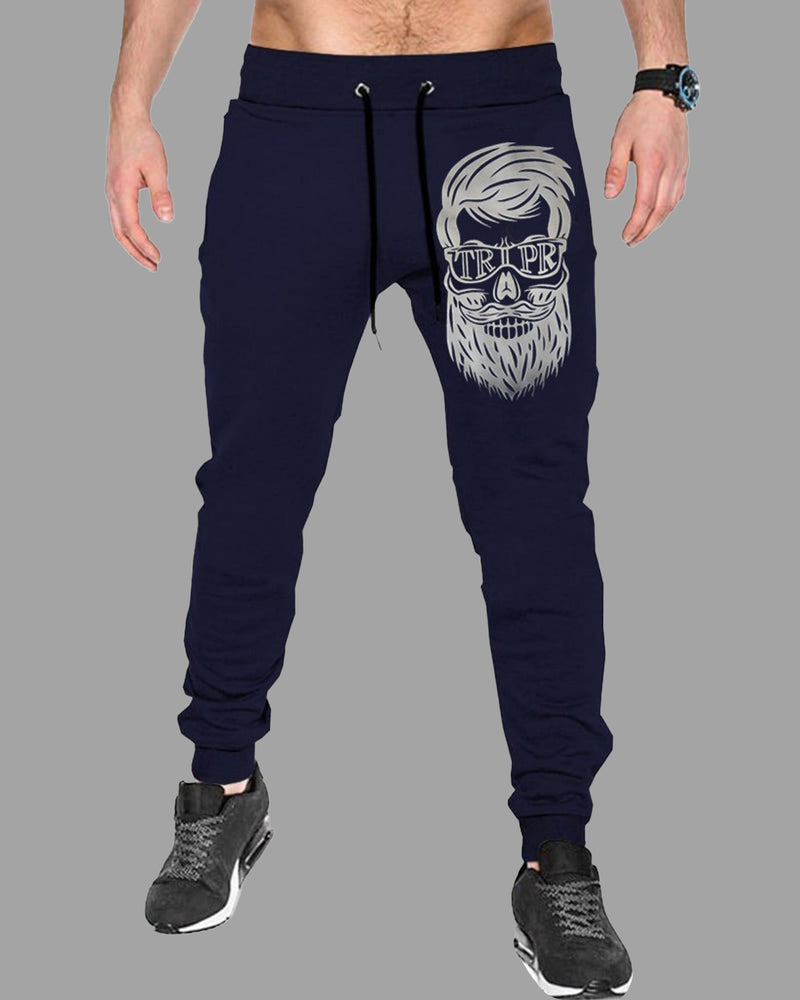 Men Printed Beard Cuffed Track Pant / Navy Blue