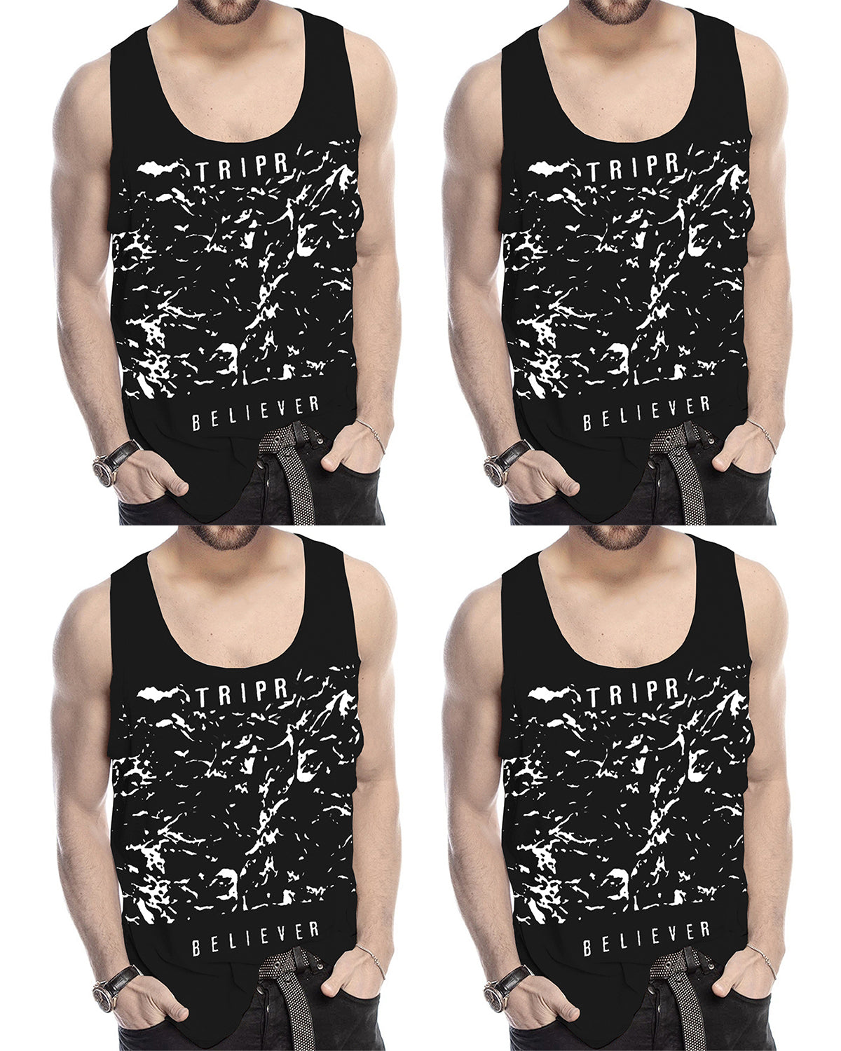 (Pack Of 4) Mens Printed Vest / Black