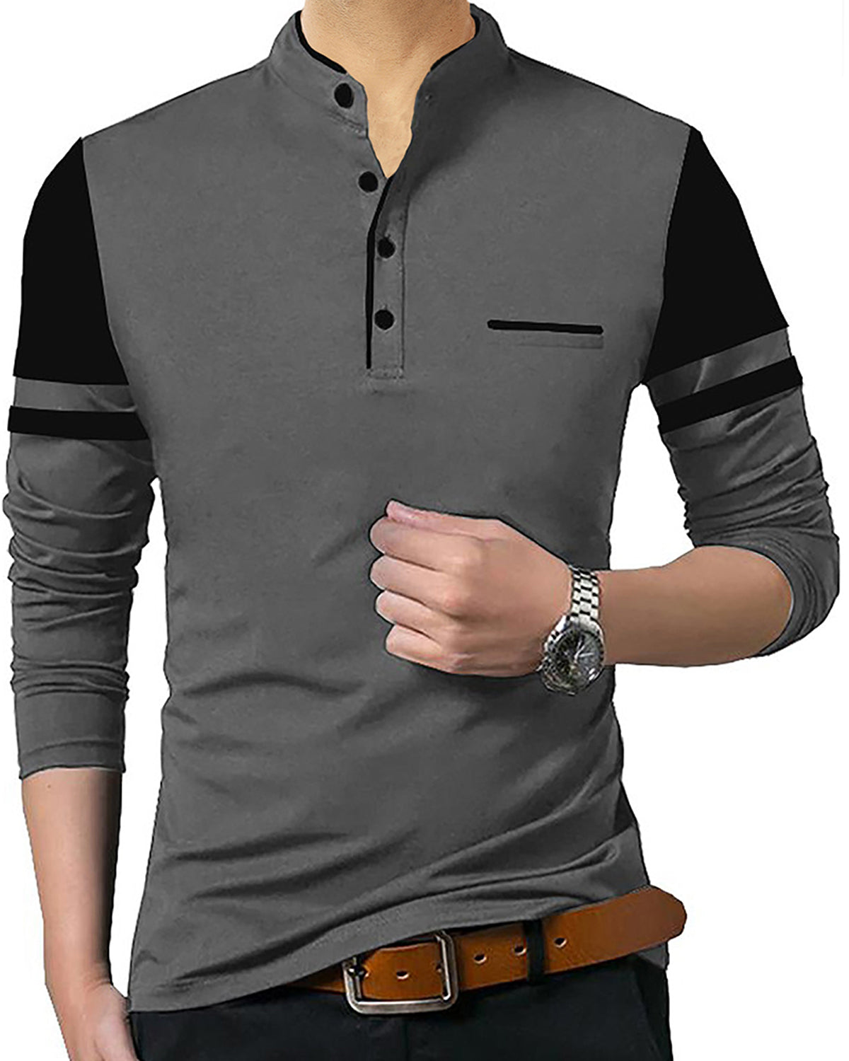 Solid Men Mandarin Collar Grey, Black T-Shirt – TRIPR