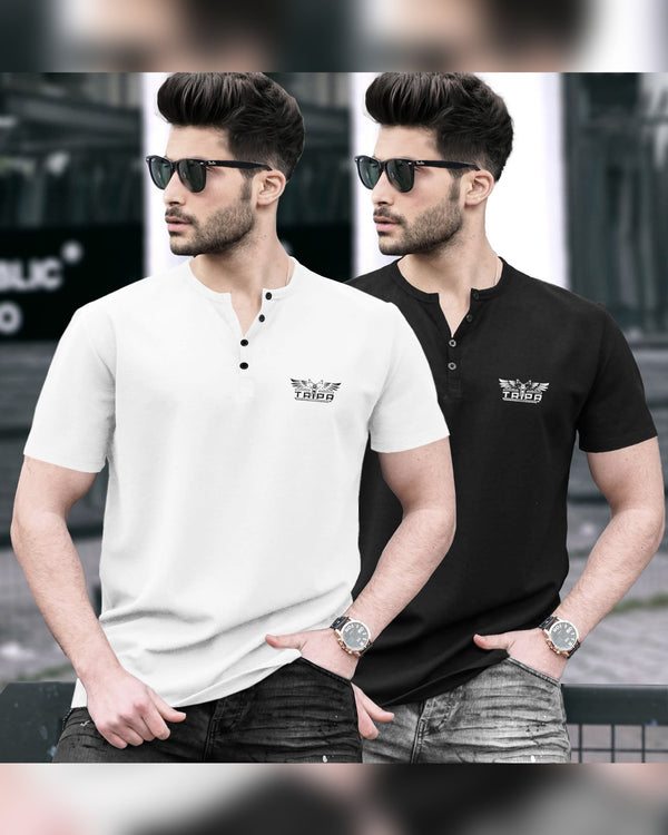 Pack of 2 Men Printed Henley Neck Cotton Blend Multicolor T-Shirt