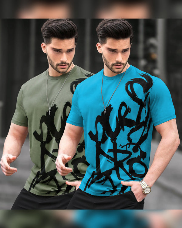 Pack of 2 Men Printed Round Neck Cotton Blend Multicolor T-Shirt