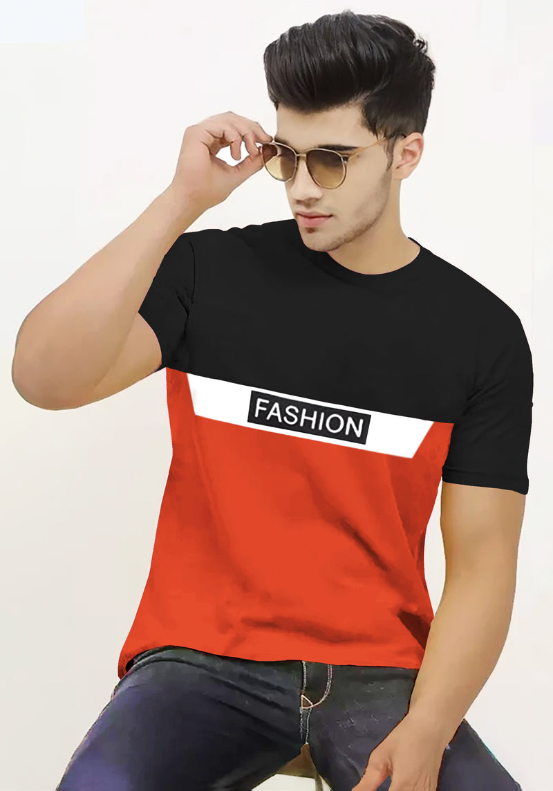 Men Colorblock Round Neck Cotton Blend Black, Orange T-Shirt