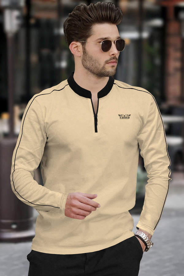 Men Mandarin Collar Full Sleeve Beige T-Shirt