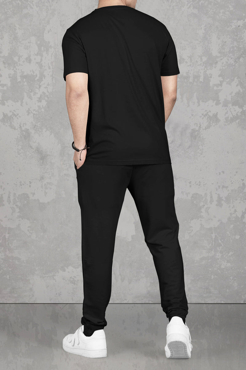 Mens tracksuit - Black - Round Neck Printed T-shirt with Jogger Pant