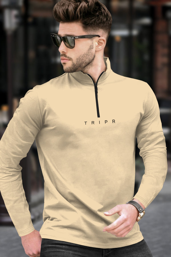 Men Solid Zip Neck Beige T-Shirt