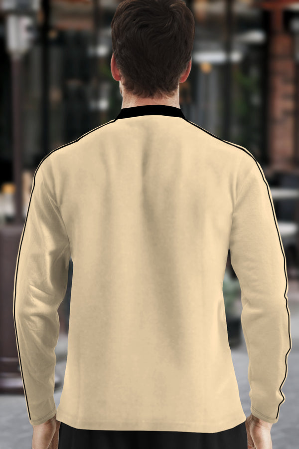 Men Mandarin Collar Full Sleeve Beige T-Shirt