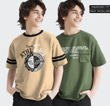 (Pack of 2) Boys Printed Cotton Blend T-Shirt / Beige - Olivegreen