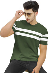 Men Striped Round Neck Cotton Blend Dark Green T-Shirt