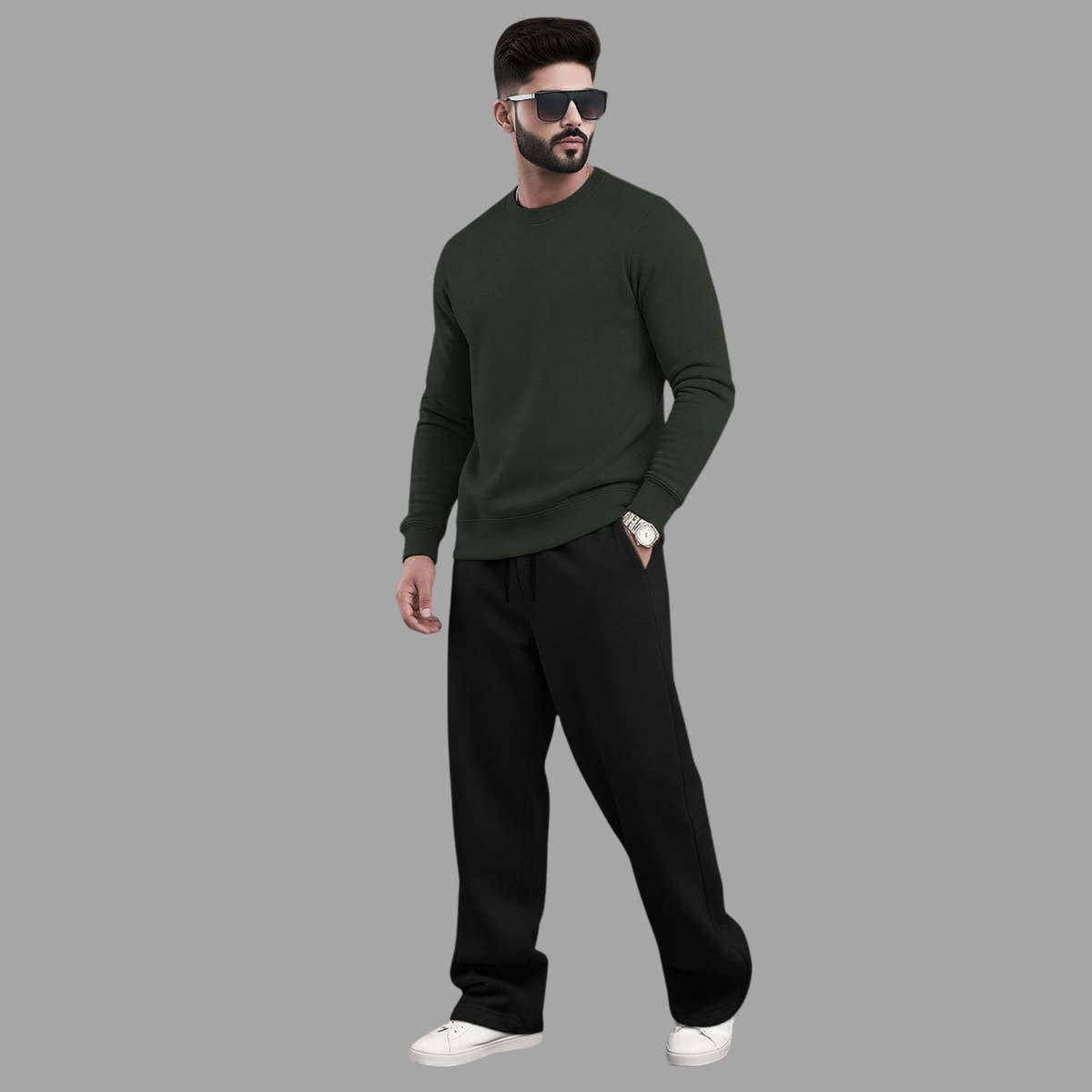 Tracksuit Men Round Neck Plain Sweatshirt & Loose Fit Plain Trackpants