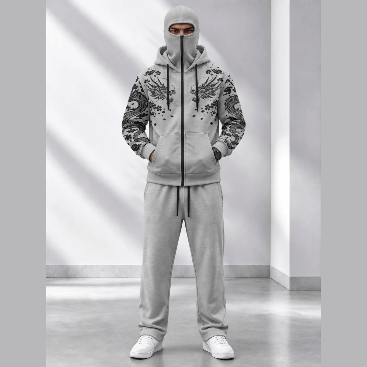 Tracksuit Hooded Mask Printed Jackets And Plain Baggy Trackpants