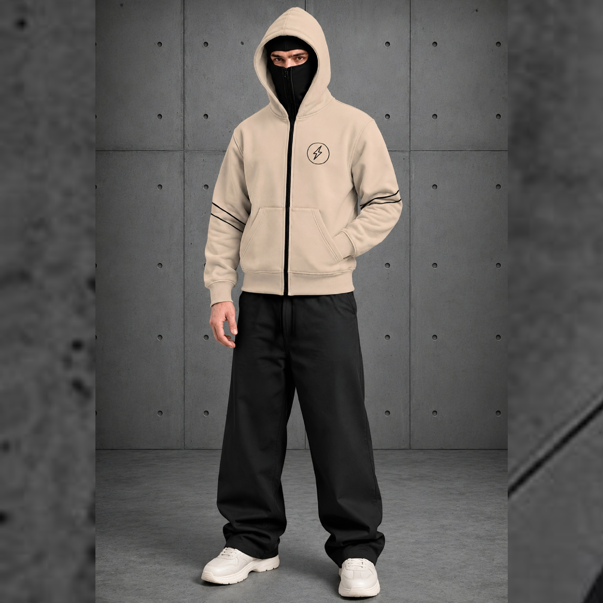Mens Beige Double Mask Zip-Up Winter Jacket