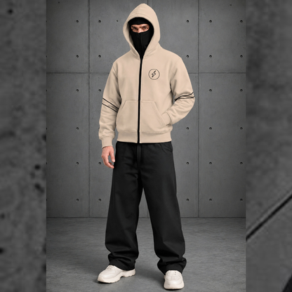 Mens Beige Double Mask Zip-Up Winter Jacket