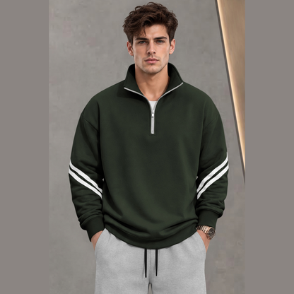Mens Contrast Stripe Full Sleeve Pullover Sweatshirt Olivegreen