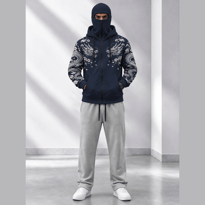 Tracksuit Hooded Mask Printed Jackets And Plain Baggy Trackpants