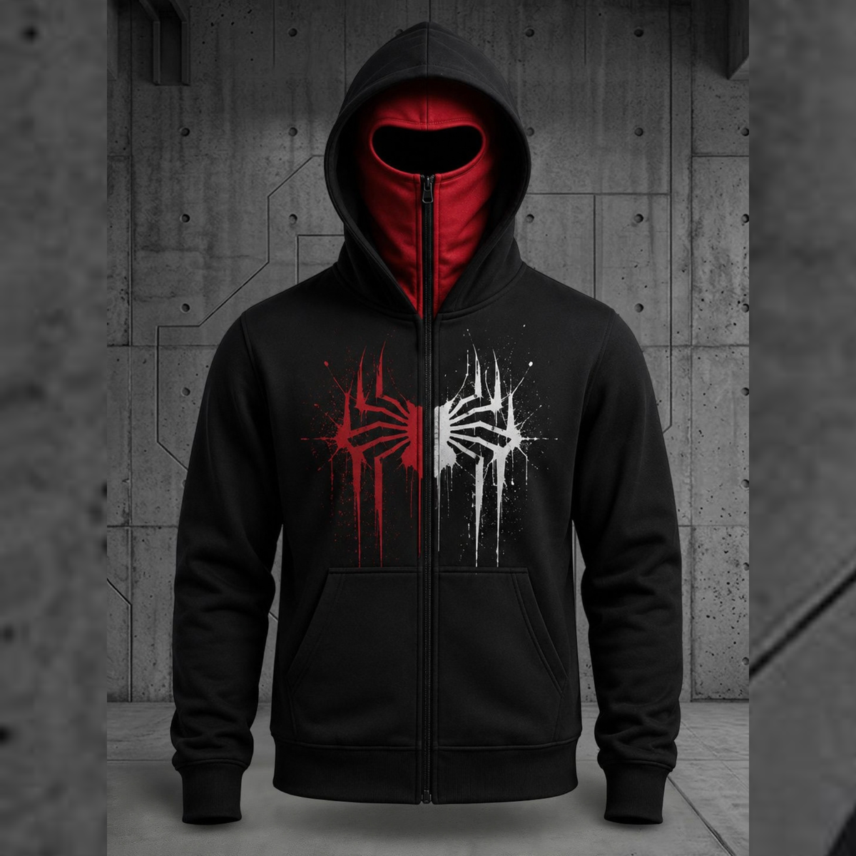 Mens Black Spyder Design  Double Mask Zip-Up Winter Jacket