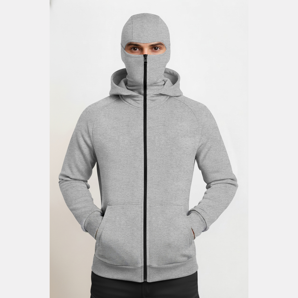 Full Sleeve Hooded Neck Mask Jacket Grey