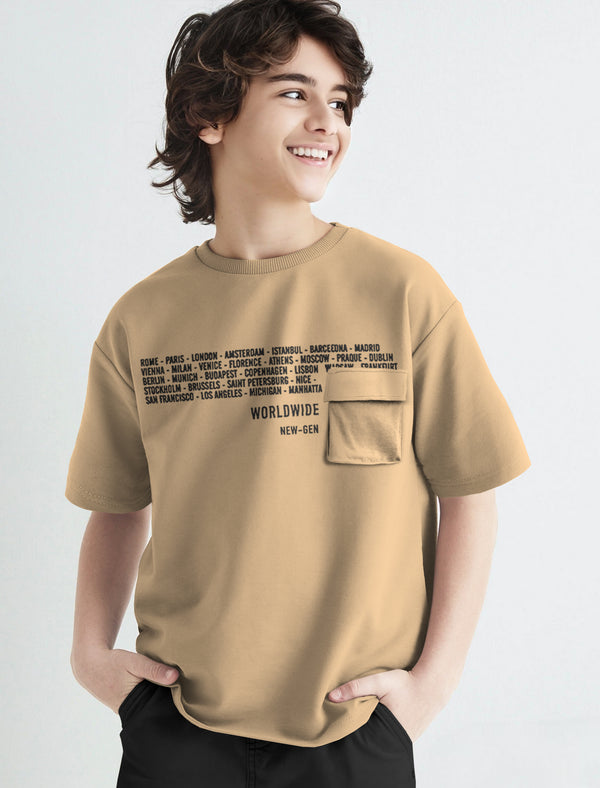 Boys Printed Cotton Blend T Shirt  (Beige, Pack of 1)