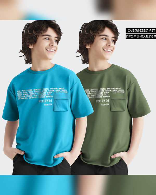 Pack of 2 Multicolor Kids T-Shirts Combo | Skyblue-Olivegreen