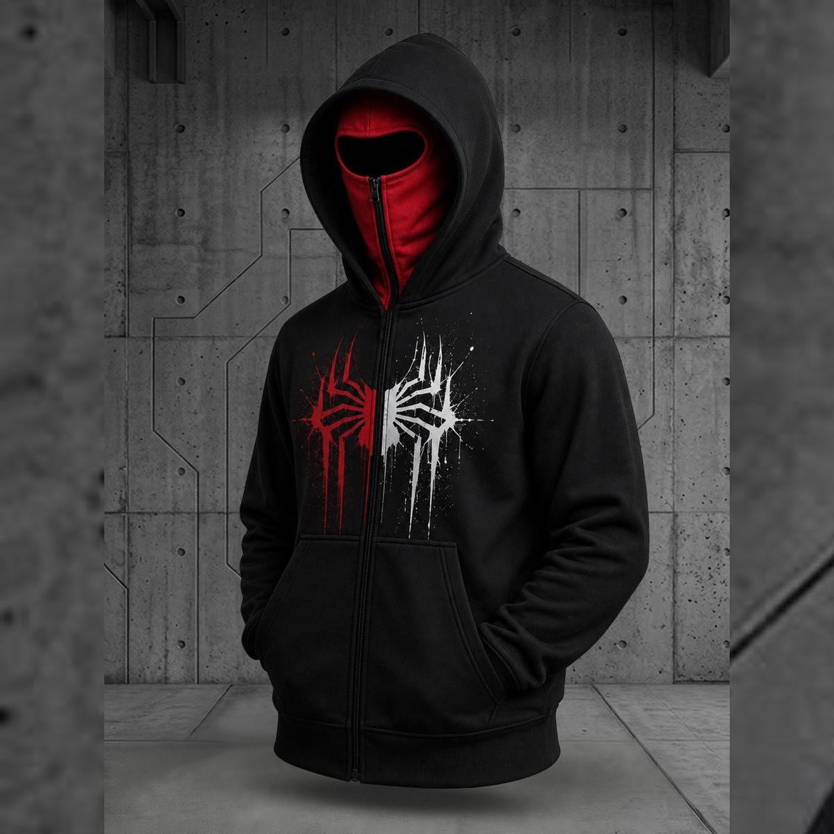 Mens Black Spyder Design  Double Mask Zip-Up Winter Jacket