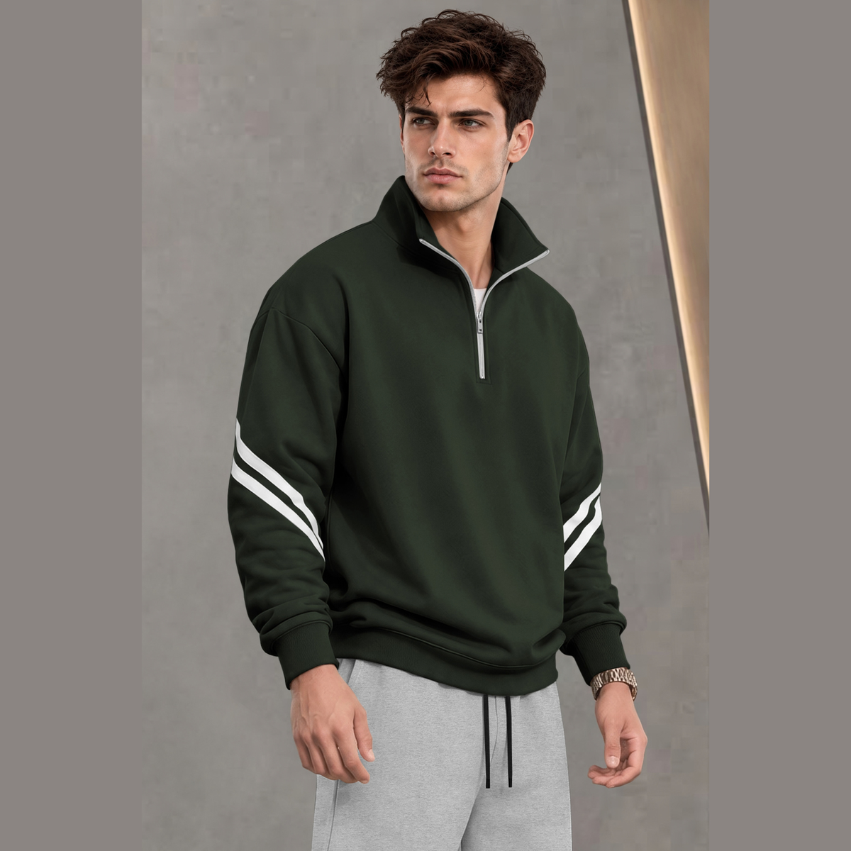 Mens Contrast Stripe Full Sleeve Pullover Sweatshirt Olivegreen