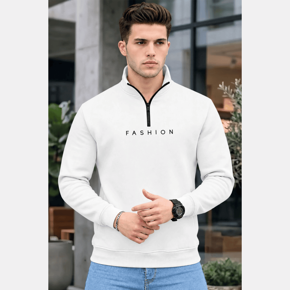 Men Quarter Zip High Neck Plain Winter Sweatshirts