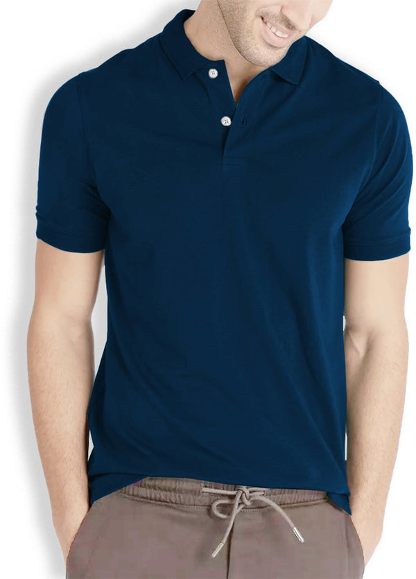 Men Solid Polo Neck Cotton Blend Navy Blue T-Shirt