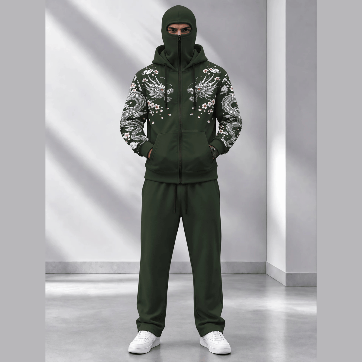 Tracksuit Hooded Mask Printed Jackets And Plain Baggy Trackpants