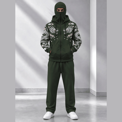 Tracksuit Hooded Mask Printed Jackets And Plain Baggy Trackpants