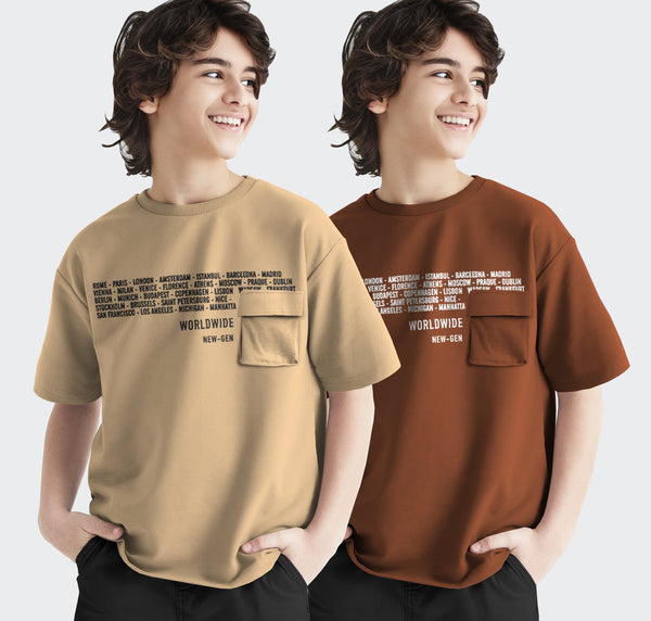 (Pack of 2 ) Boys Flap Pocket Typography Round Neck Half Sleeve T-Shirt