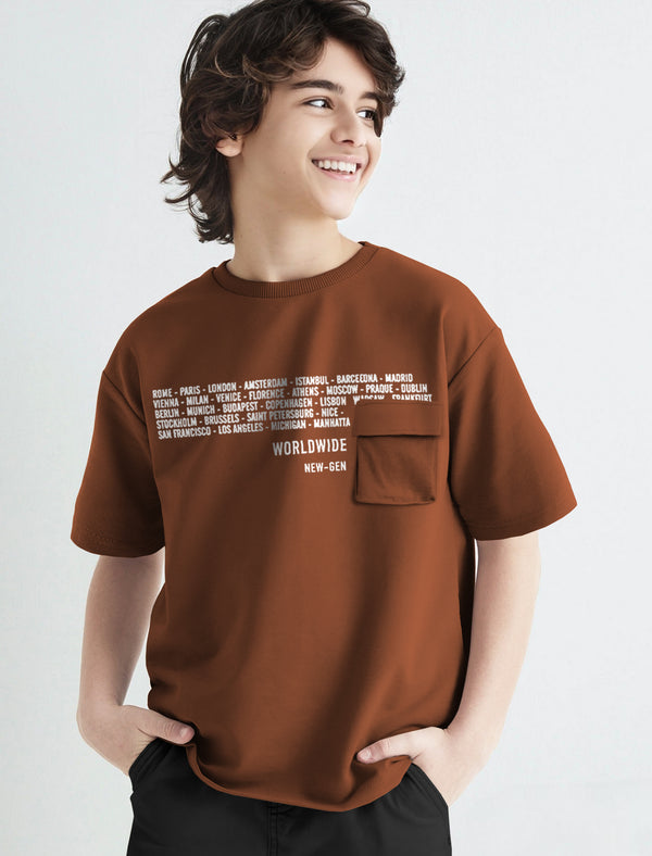 Boys Printed Cotton Blend T-Shirt  (Brown, Pack of 1)