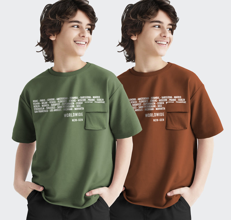 (Pack of 2) Boys Flap Pocket  Typography Round Neck Half Sleeve T-Shirt