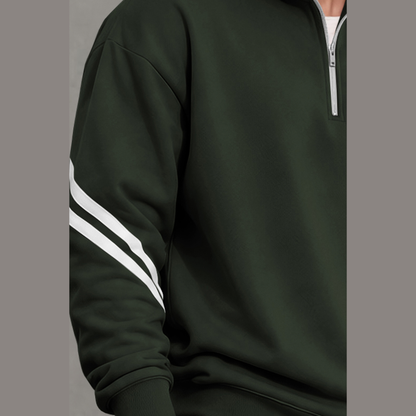 Mens Contrast Stripe Full Sleeve Pullover Sweatshirt Olivegreen